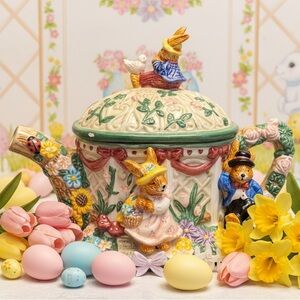 Vintage Mercuries 1998 Bunny Teapot Figurine Easter Rabbit Floral Collectible